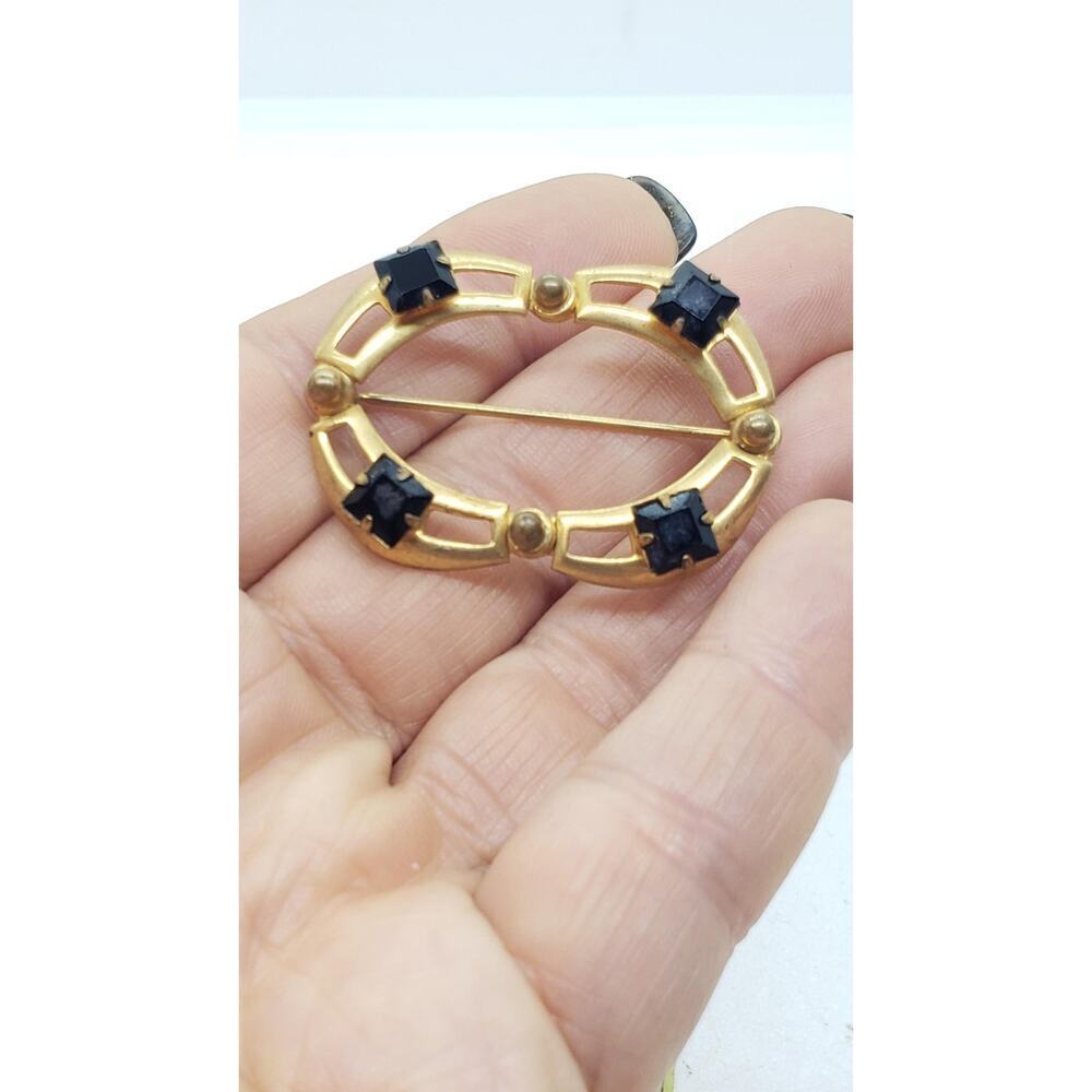 Vintage 10k Gold Plate Brooch Pin Art Deco Oval Openwork Black Rhinestone - Picture 16 of 16